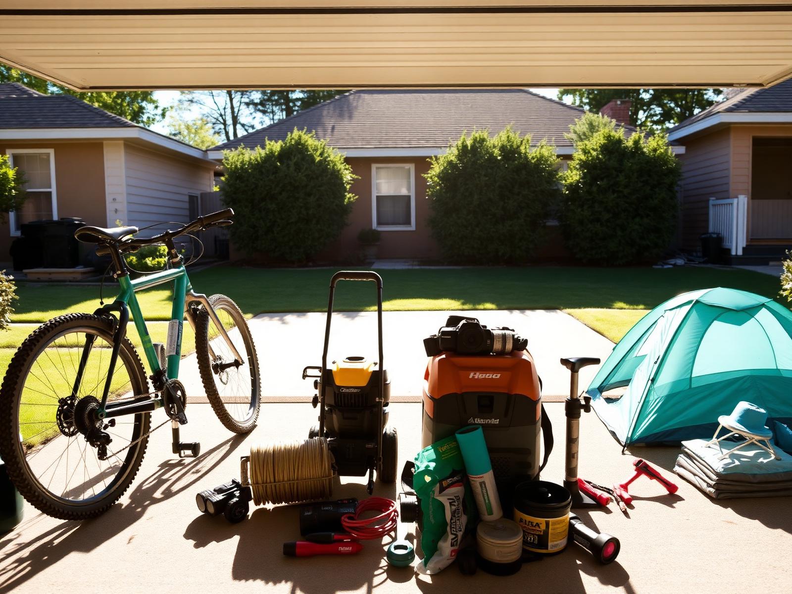 Items ready to rent in a sunny driveway